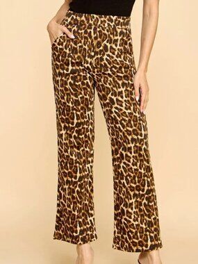 NWT New Mix Leopard Print Wide Leg Pants Size L Black Brown Elastic Waist